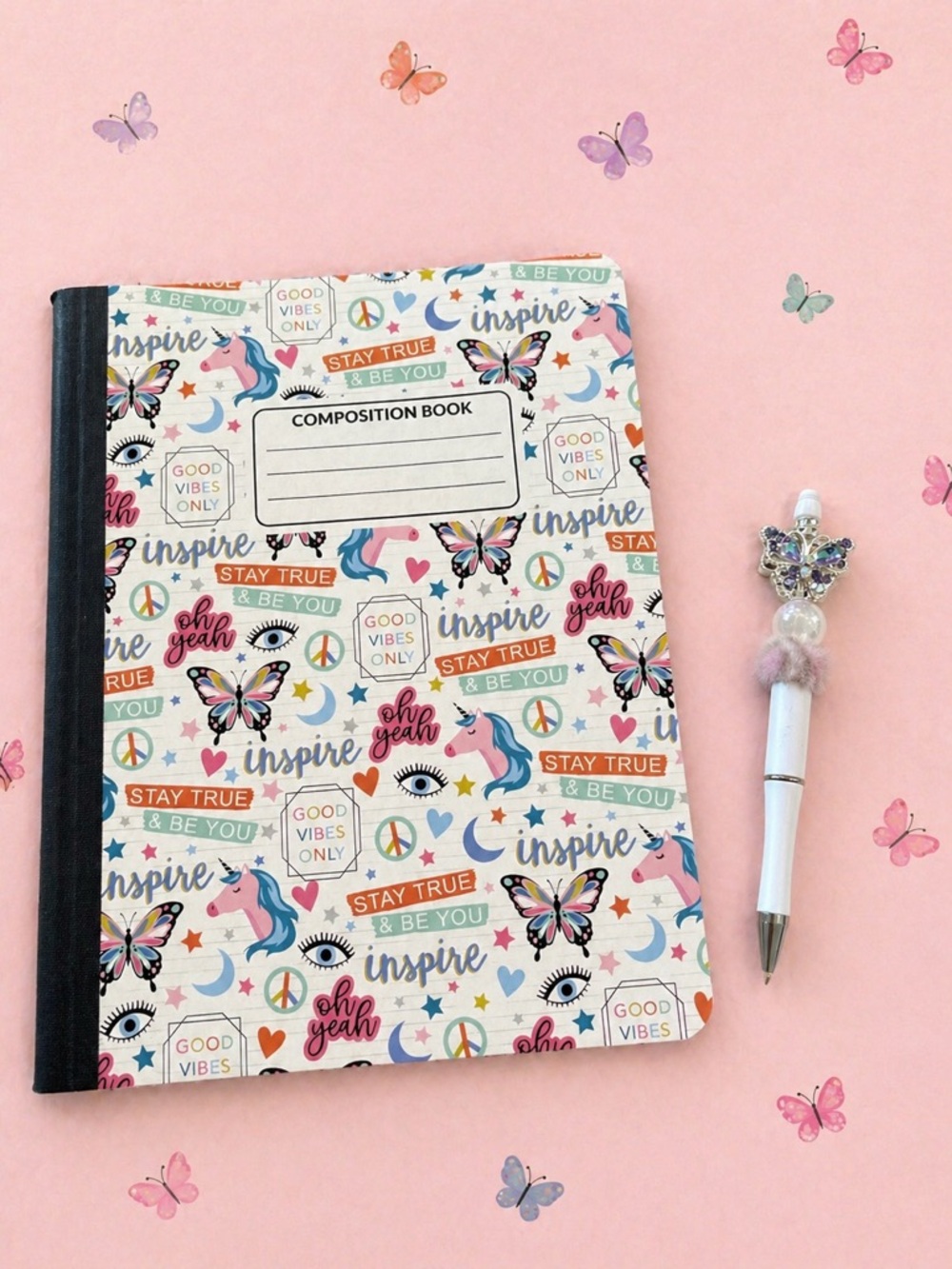 Beautiful rhinestone with faux fur bead, butterfly pen & Cute matching Notebook